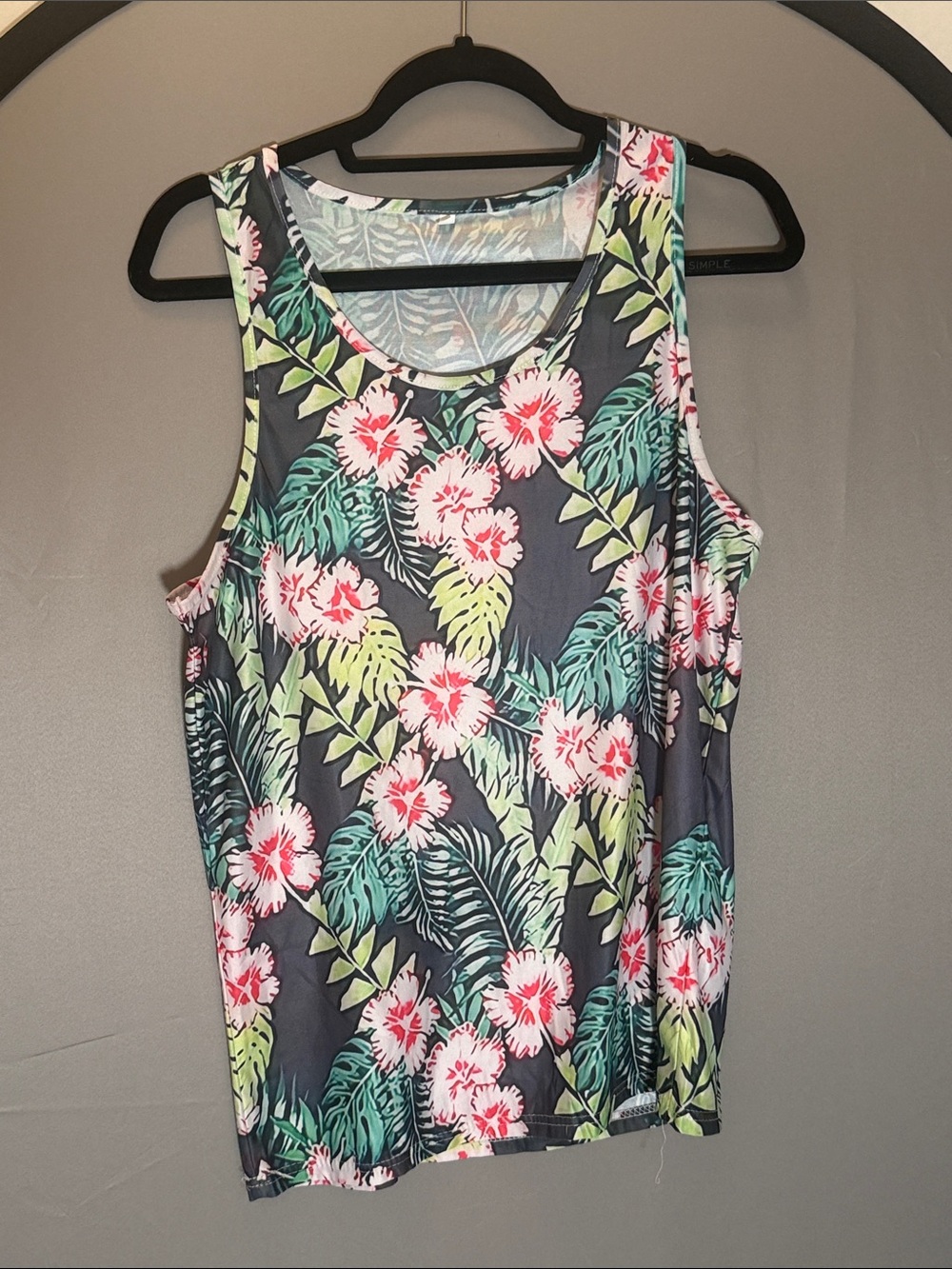 Floral Tropical Print Tank Top - Black with Pink & Green